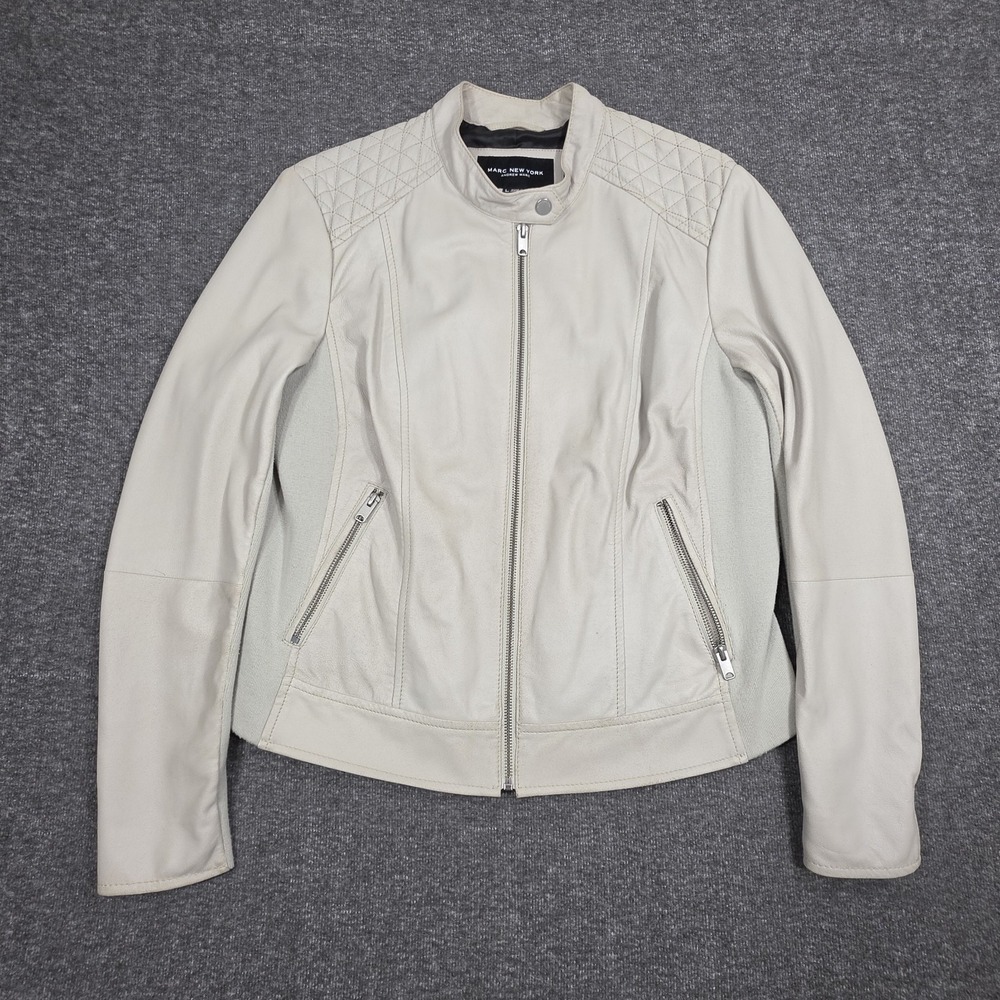 Marc New York Andrew Marc Women's Leather Moto Jacket Beige Cream Size Lrg